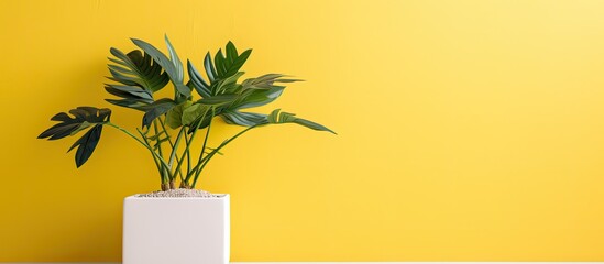 A houseplant in a flowerpot is placed in front of a yellow wall, adding a pop of green against the vibrant backdrop
