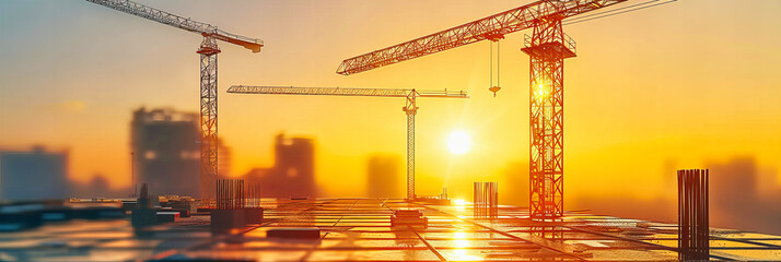 Sunset Over Construction Site, Silhouette of Cranes and Industrial Equipment, Urban Development Theme