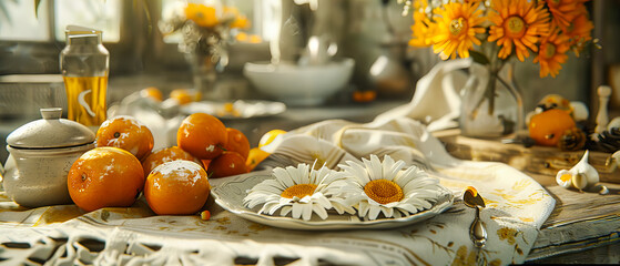 Elegant Spring Table Setting with White Flowers, Fresh Green Napkins, and Festive Decor, Rustic and Vintage Dining Elegance