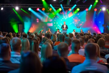 Blurred audience attentively listening to a speaker at a lively event with colorful stage lighting.