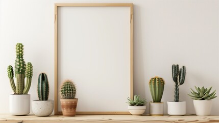 Square wooden frame mock-up with various cactus and succulent plants. White wall with a white shelf. Copy space.