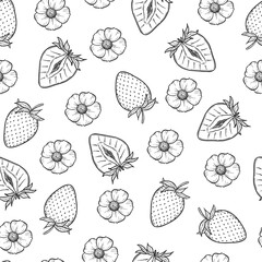 Strawberry seamless pattern, vector strawberries line art illustration, hand drawn botanical outline illustration. Monochrome drawing. For coloring book, background, pattern, packaging, logo, textile.