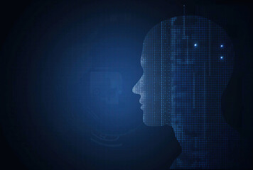 Artificial intelligence brain power with digital glow binary code and representing AI technology.
