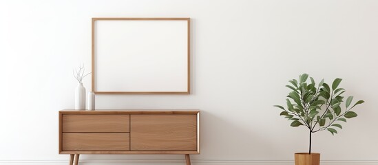 Wooden dresser adorned with a green plant in a delicate vase and a blank picture frame hanging on the wall
