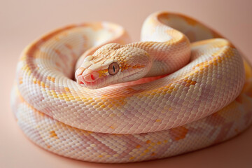 Obraz premium A purebred snake poses for a portrait in a studio with a solid color background during a pet photoshoot.