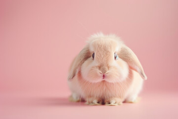 A purebred rabbit poses for a portrait in a studio with a solid color background during a pet photoshoot.

