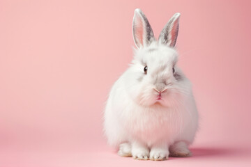 Fototapeta na wymiar A purebred rabbit poses for a portrait in a studio with a solid color background during a pet photoshoot.