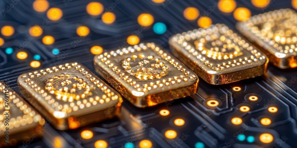 Poster a shining bitcoin on an illuminated circuit board, representing the revolutionary world of cryptocur