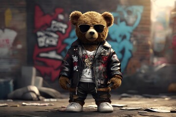 Digital art gangster teddy bear standing such as human with stitches, vintage sunglasses and shoes...