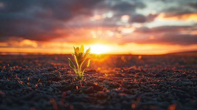 Lone sprout against a dramatic sunset sky