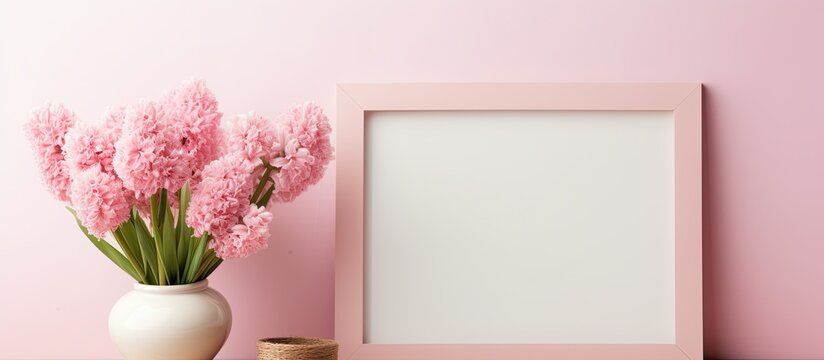 A vase with pink flowers is placed next to a pink picture frame on a pink wall, creating a harmonious and elegant display of colors
