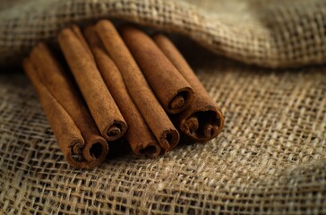 Cinnamon sticks on burlap fabric