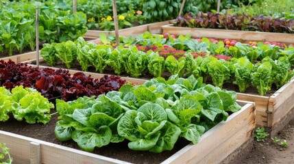 Vibrant vegetable garden in raised wooden beds