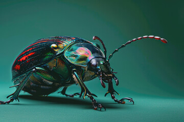 A purebred beetle poses for a portrait in a studio with a solid color background during a pet photoshoot.

