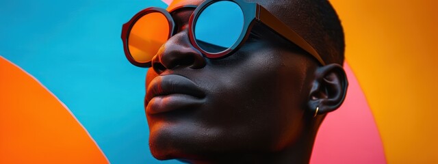 Black summer fashion statement piece showcased in a close-up against a geometric puzzle of colors - obrazy, fototapety, plakaty