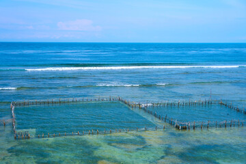 A local seafood farm in the ocean. A net fence for mollusk farming near the shore.