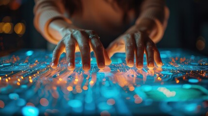 Close-up of a businesswoman s hands using multi-touch gestures on an interactive digital table for strategic planning