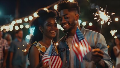 African American couple celebrating Independence Day together in the United States - obrazy, fototapety, plakaty