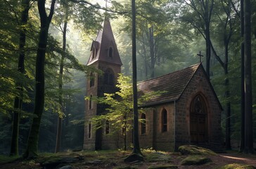 Forest chapel at dawn
