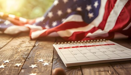Fototapeta na wymiar Wooden table with American flag calendar. 4th of July workspace wallpaper