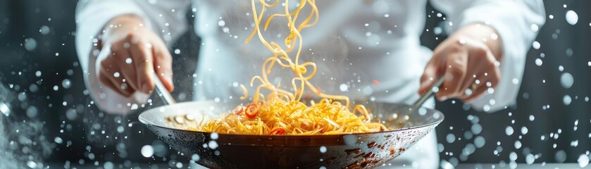 Close-up of a chef tossing a wok with noodles magically levitating mid-air