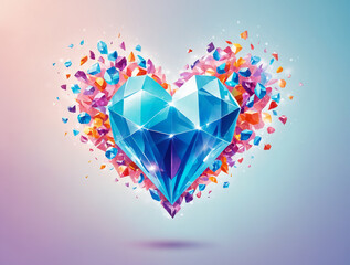 Abstract bright heart in the form of a gemstone surrounded by fragments