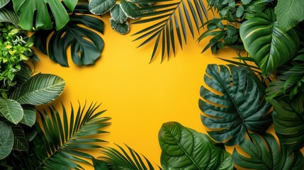 Close-up of a collection of various tropical leaves arranged in one corner on a bright yellow background