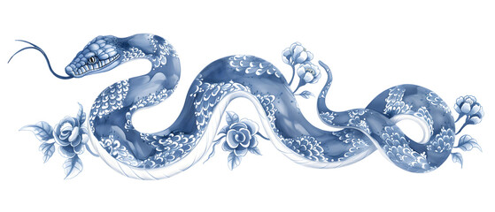 Chinese New Year 2025 Zodiac Snake. Blue and white porcelain snake with floral pattern skin in style of ancient Asian art. isolated illustration