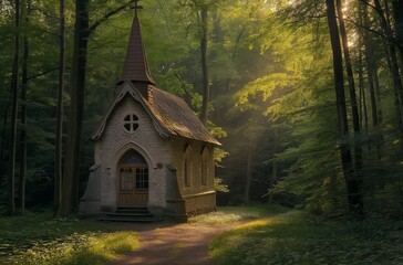 Chapel in sunlit forest