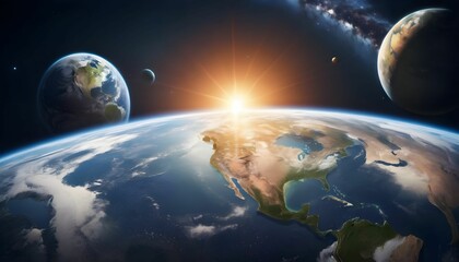 Panoramic view of the Earth, sun, star and galaxy. Sunrise over planet Earth, view from space created with generative ai