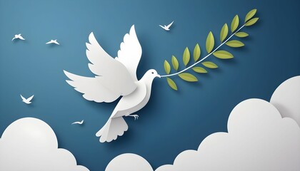 white dove or pigeon carrying an olive branch flying in the cloudy sky background, Concept for World Peace Day, International Day of peace created with generative ai.