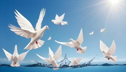 Peace concept to show the Freedom of White Origami Dove or Pigeon Flew from the Water into the Sky. International World Peace Day, Human Rights, Love, and Hope created with generative ai.