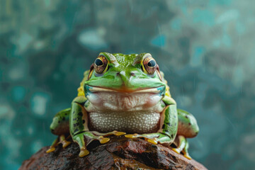 A frog poses for a portrait in a studio with a solid color background during a pet photoshoot.


