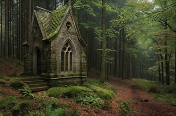 Moss covered chapel in woods