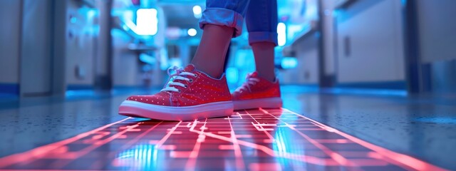 Close-up of a nurses shoe stepping on a digital floor projection