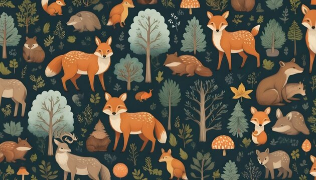 Pattern with a woodland - inspired design, forest animals and nature motifs created with generative ai
