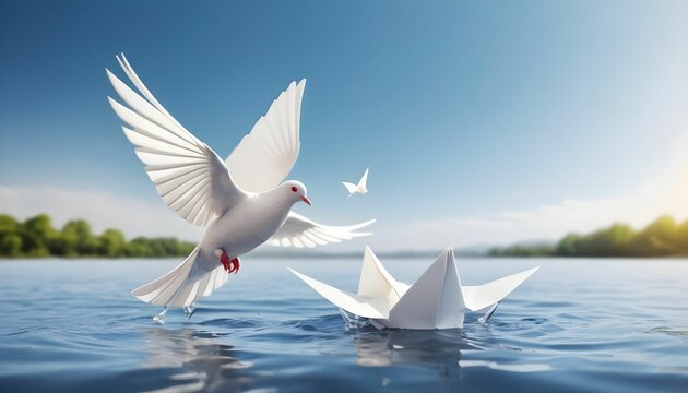 Fototapeta Peace concept to show the Freedom of White Origami Dove or Pigeon Flew from the Water into the Sky. International World Peace Day, Human Rights, Love, and Hope created with generative ai.