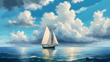 sailing ship in the sea, The sailboat in the sea against the summer sky with big clouds created with generative ai.	 - obrazy, fototapety, plakaty
