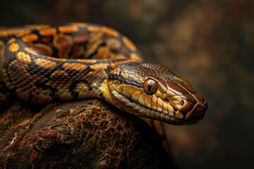 Fototapeta premium A purebred snake poses for a portrait in a studio with a solid color background during a pet photoshoot.