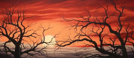 Selbstklebende Fototapeten An art piece capturing the natural landscape at dusk, with a red sky at morning, the afterglow of sunlight reflecting off the clouds in the sky, silhouetting trees and twigs in the foreground © pngking