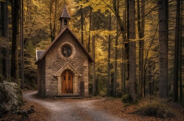 Stone chapel in autumn forest