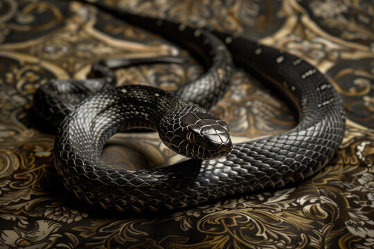 A purebred snake poses for a portrait in a studio with a solid color background during a pet photoshoot.

