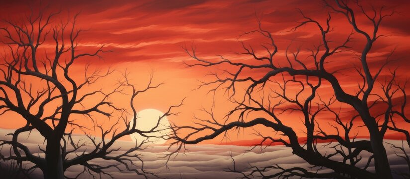 An art piece capturing the natural landscape at dusk, with a red sky at morning, the afterglow of sunlight reflecting off the clouds in the sky, silhouetting trees and twigs in the foreground