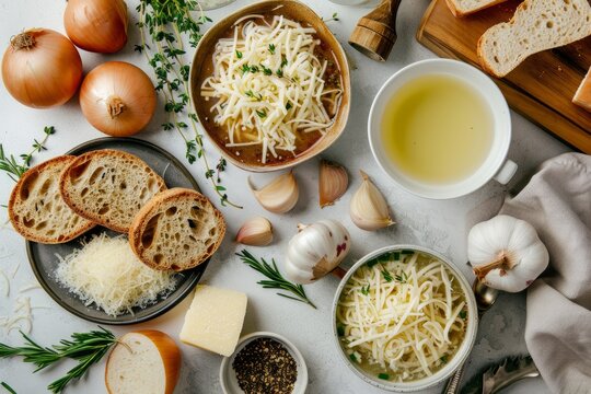 Ingredients for Classic French Onion Soup on Counter Top