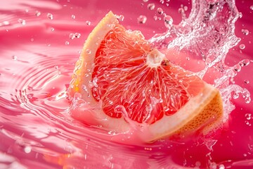 Grapefruit Half Captured in a Splash of Pink, Essence of Freshness