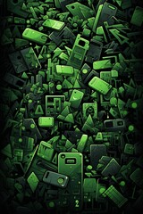 black background, many small graffiti spray tags shapes symbols, green 