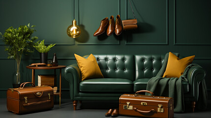 Brown and Green Modern Living Room.Chic Comfort. Contemporary Living with a Vintage Twist