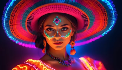 Papier Peint photo autocollant Carnaval portrait of a girl in a carnival mask , a Fabulous Cinco de Mayo female dancer in neon light. Beautiful female model in traditional costume and sombrero dancing created with generative ai.