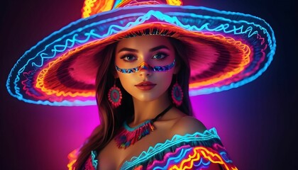 portrait of a girl in a carnival mask , a Fabulous Cinco de Mayo female dancer in neon light. Beautiful female model in traditional costume and sombrero dancing created with generative ai.