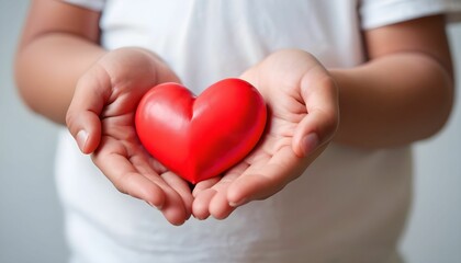 Child hands holding red heart, health care, donate and family insurance concept, world heart day, world health day created with generative ai. - obrazy, fototapety, plakaty